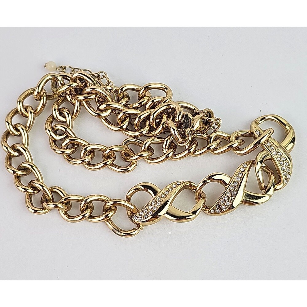 Avon NR Infinity Gold Tone Chain Necklace Set with Pave Rhinestones 16 in READ